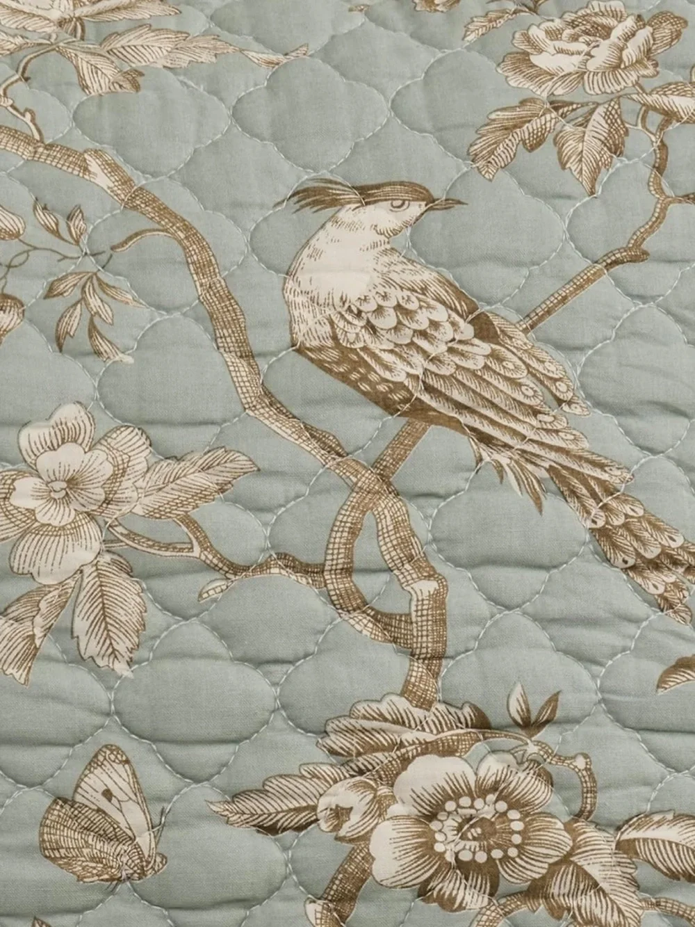 🆕 PB Style Reversible Coverlet Quilt Set Brown Stripes Sage Floral Bird Toile